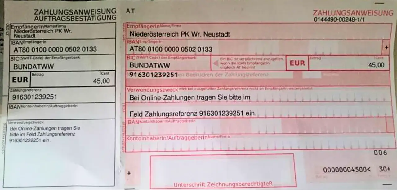 Dokument płatności z Austrii, kwota 45,00 EUR, numer referencyjny 916301239251.