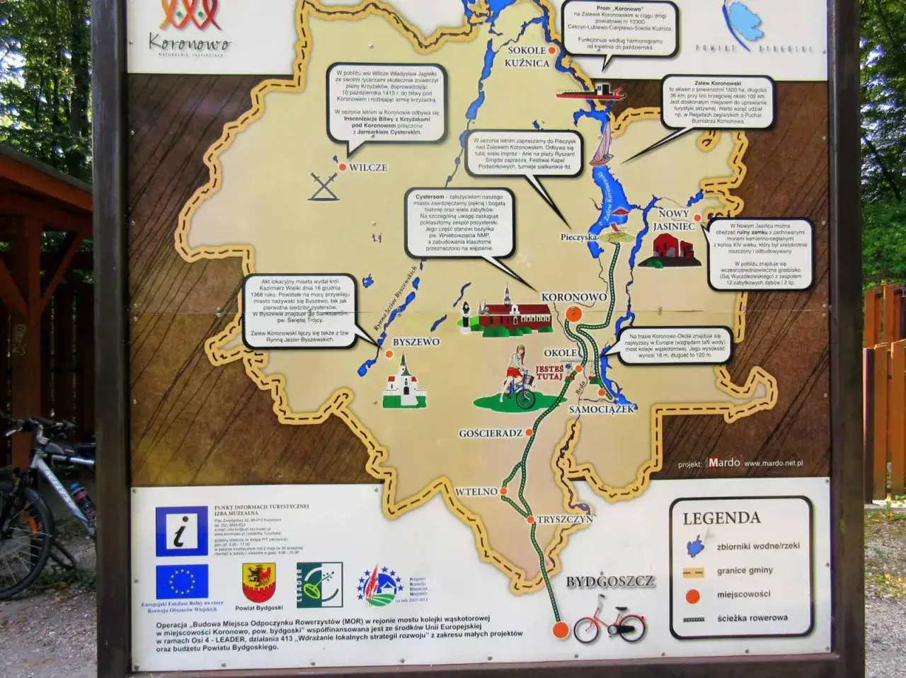 Mapa turystyczna z zaznaczonymi atrakcjami w okolicach Koronowa i Bydgoszczy.