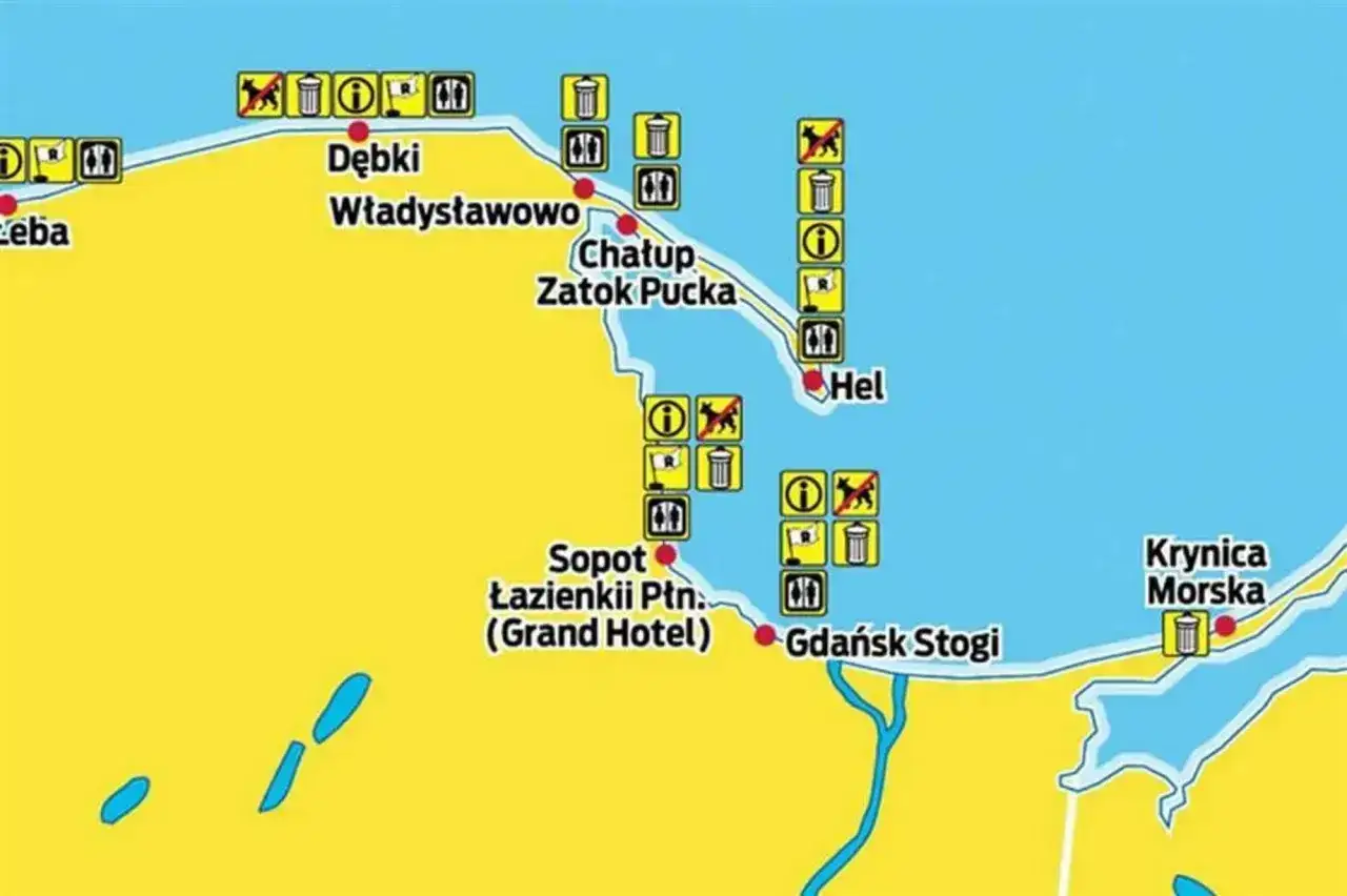 Mapa z trasą do Krynicy Morskiej, pokazująca plaże, zakazy wprowadzania psów i kosze na śmieci.