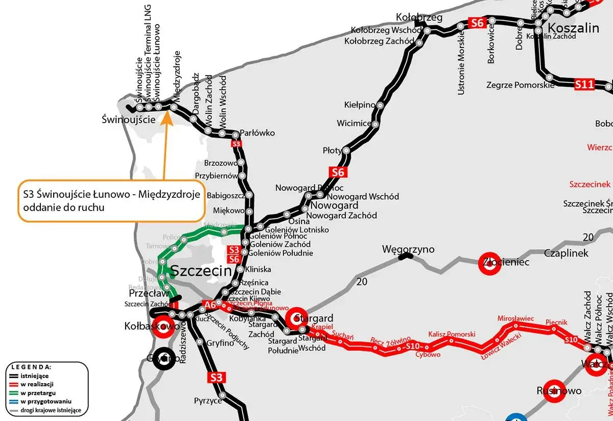 Mapa drogowa z zaznaczoną trasą S3 Świnoujście - Międzyzdroje. Widoczne są inne drogi ekspresowe S6, S10, S11 oraz miasta i miejscowości.