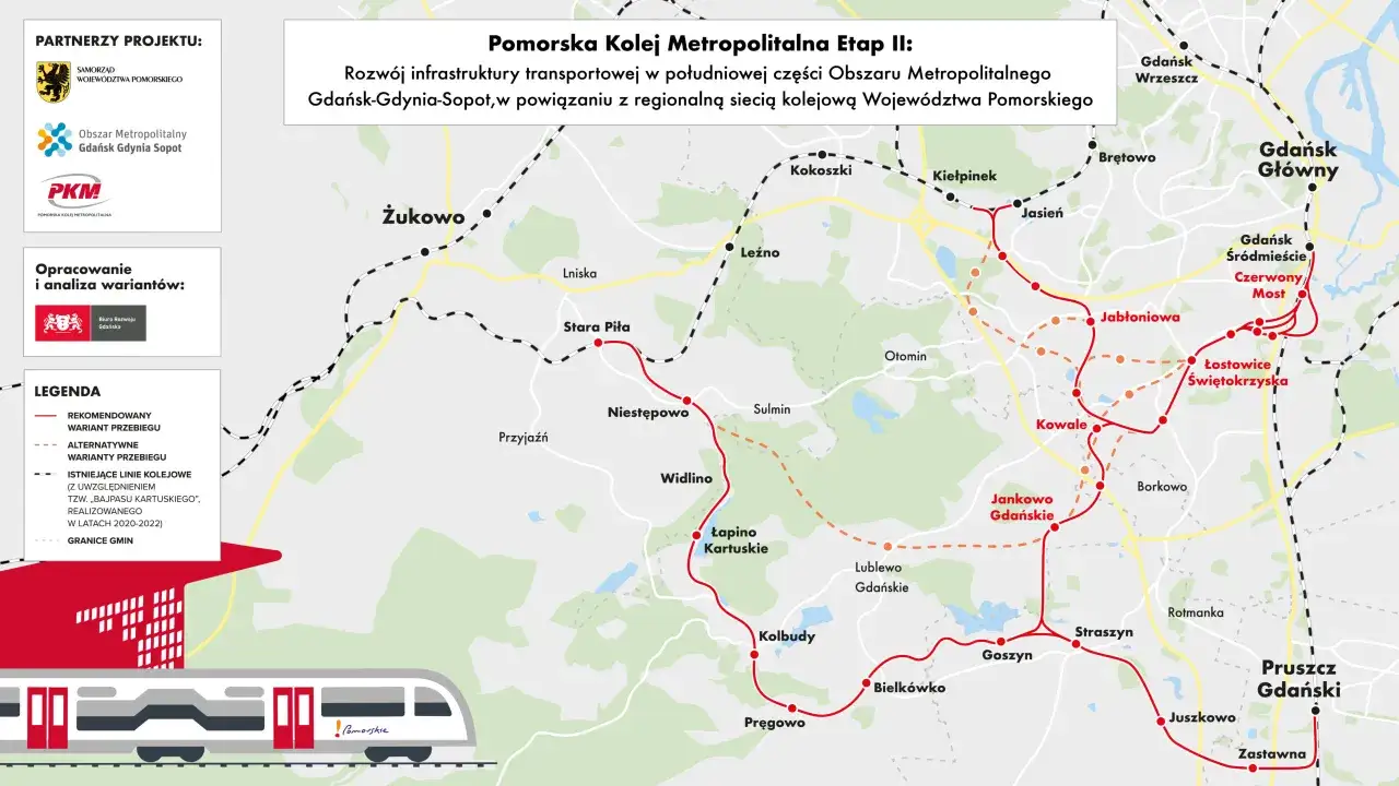 Mapa Pomorskiej Kolei Metropolitalnej pokazuje planowane trasy kolejowe, w tym połączenia między Rumią a Gdańskiem.