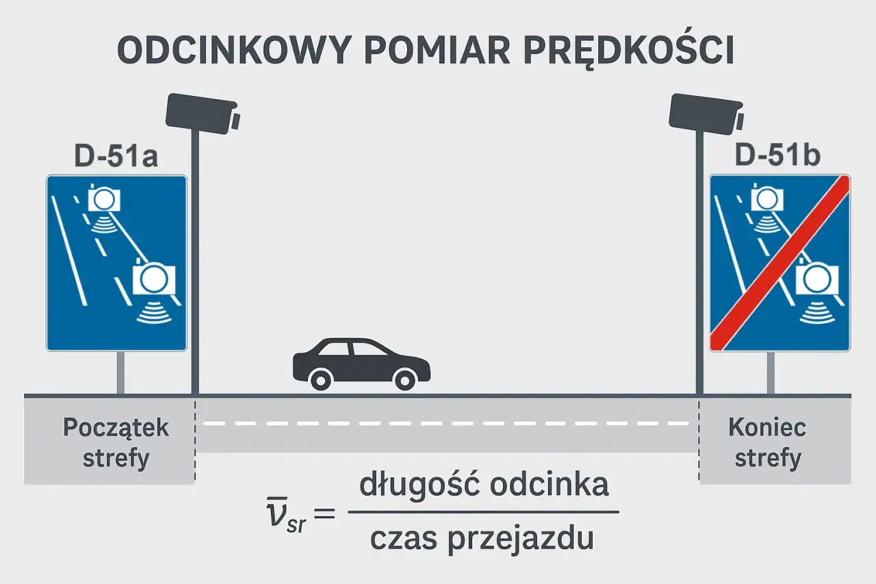 Schemat odcinkowego pomiaru prędkości. Fotoradary na S7 kontrolują średnią prędkość pojazdu na danym odcinku.