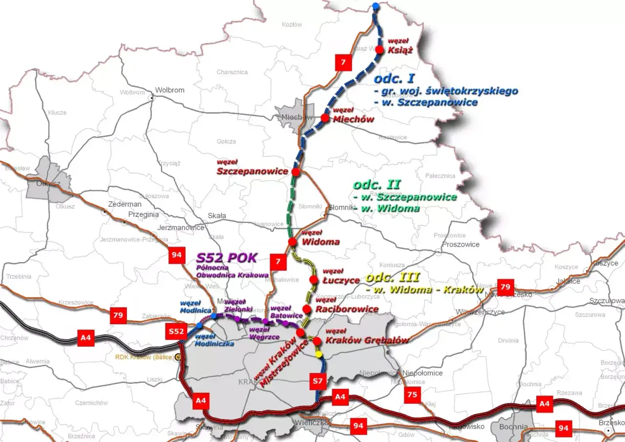 Mapa pokazuje drogę S52 i S7 jako najszybsza trasa do Krakowa, z zaznaczonymi węzłami i odcinkami.