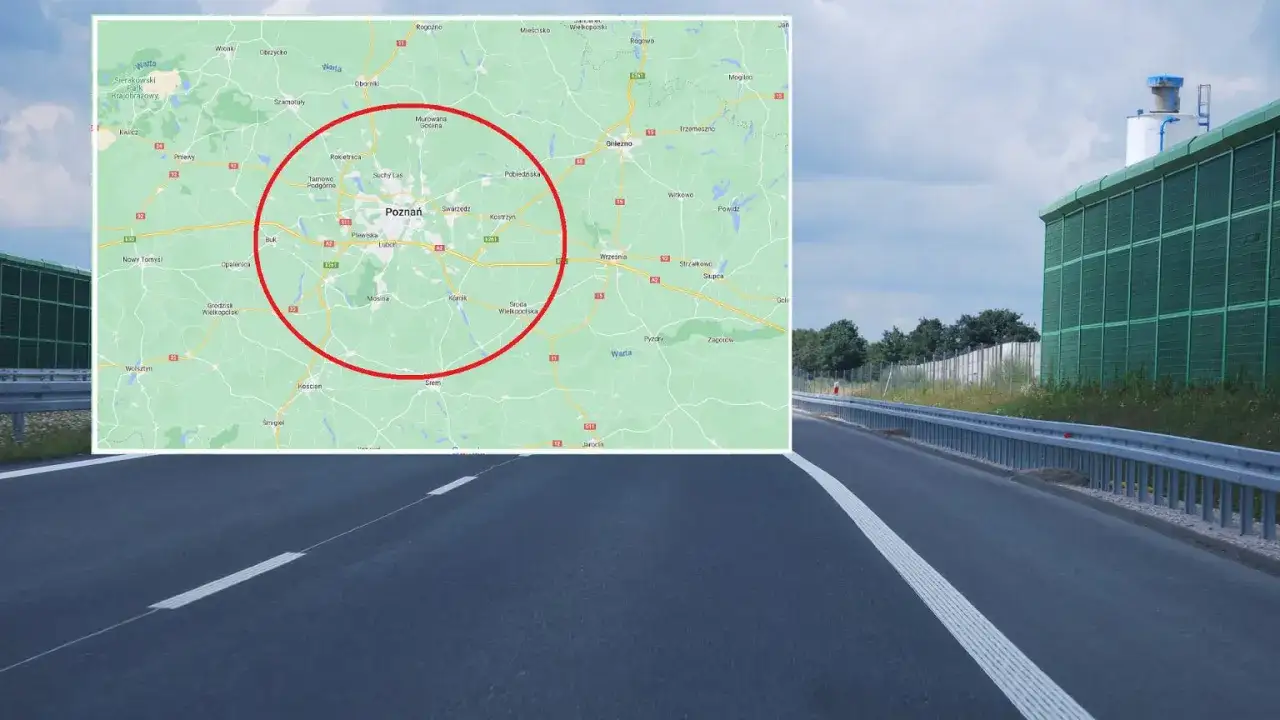 Mapa z zaznaczonym obszarem wokół Poznania, gdzie znajduje się odcinkowy pomiar prędkości S11. Obok droga szybkiego ruchu z ekranami akustycznymi.