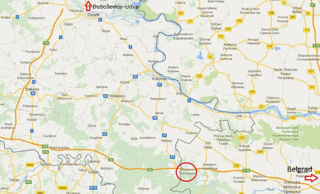 Mapa drogowa z zaznaczonym przejściem granicznym Batrovci. Czy potrzebny paszport do Serbii? Sprawdź na mapie!