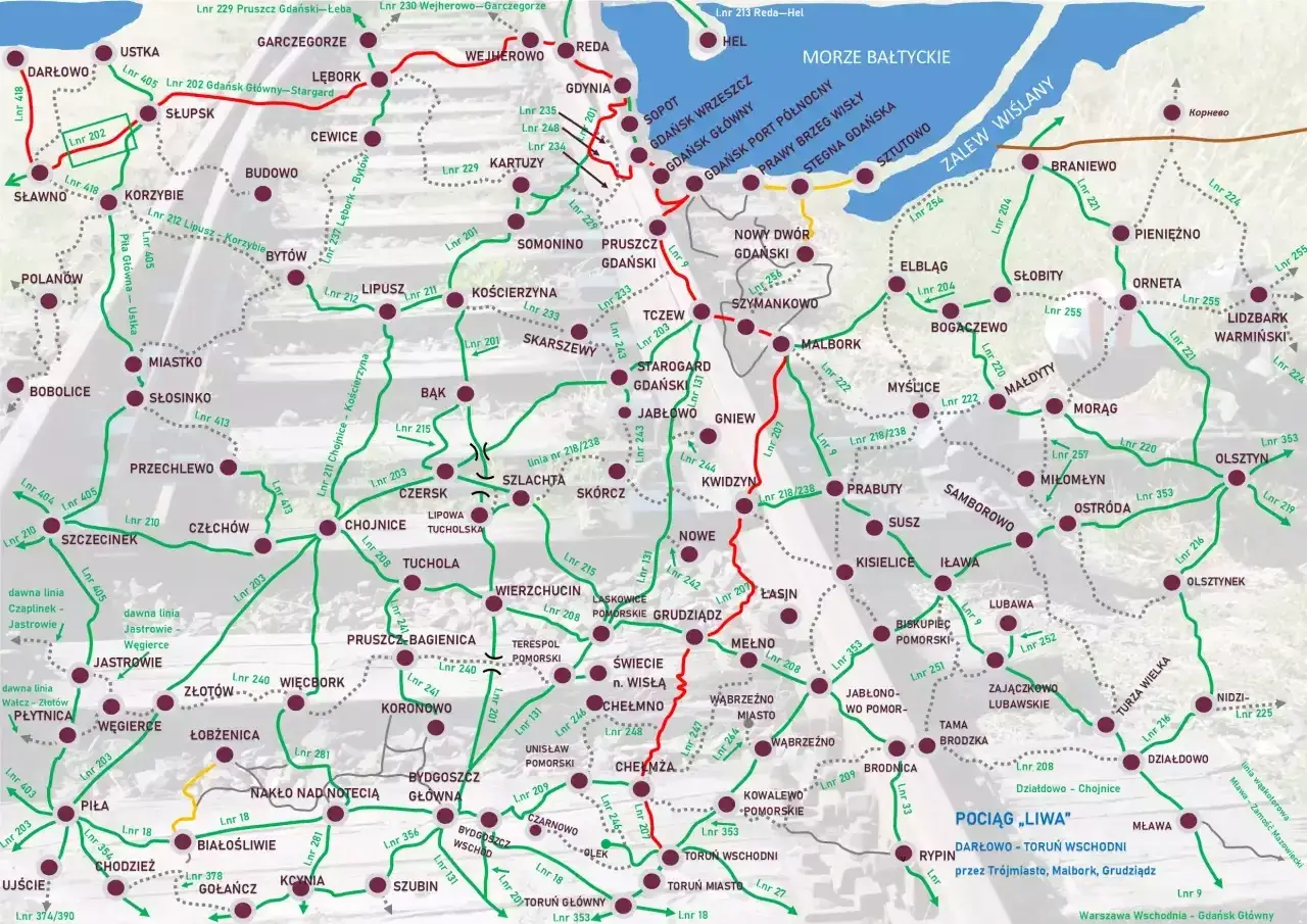 Mapa kolejowa północnej Polski z zaznaczonymi trasami, m.in. dk 20. Widoczne miasta: Gdańsk, Gdynia, Sopot, Malbork, Toruń, Olsztyn.
