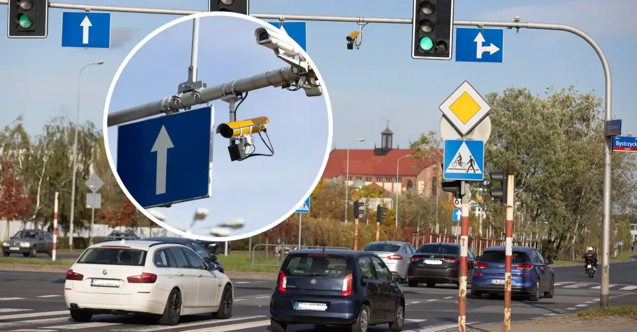 Zbliżenie na fotoradar przy drogowskazie 