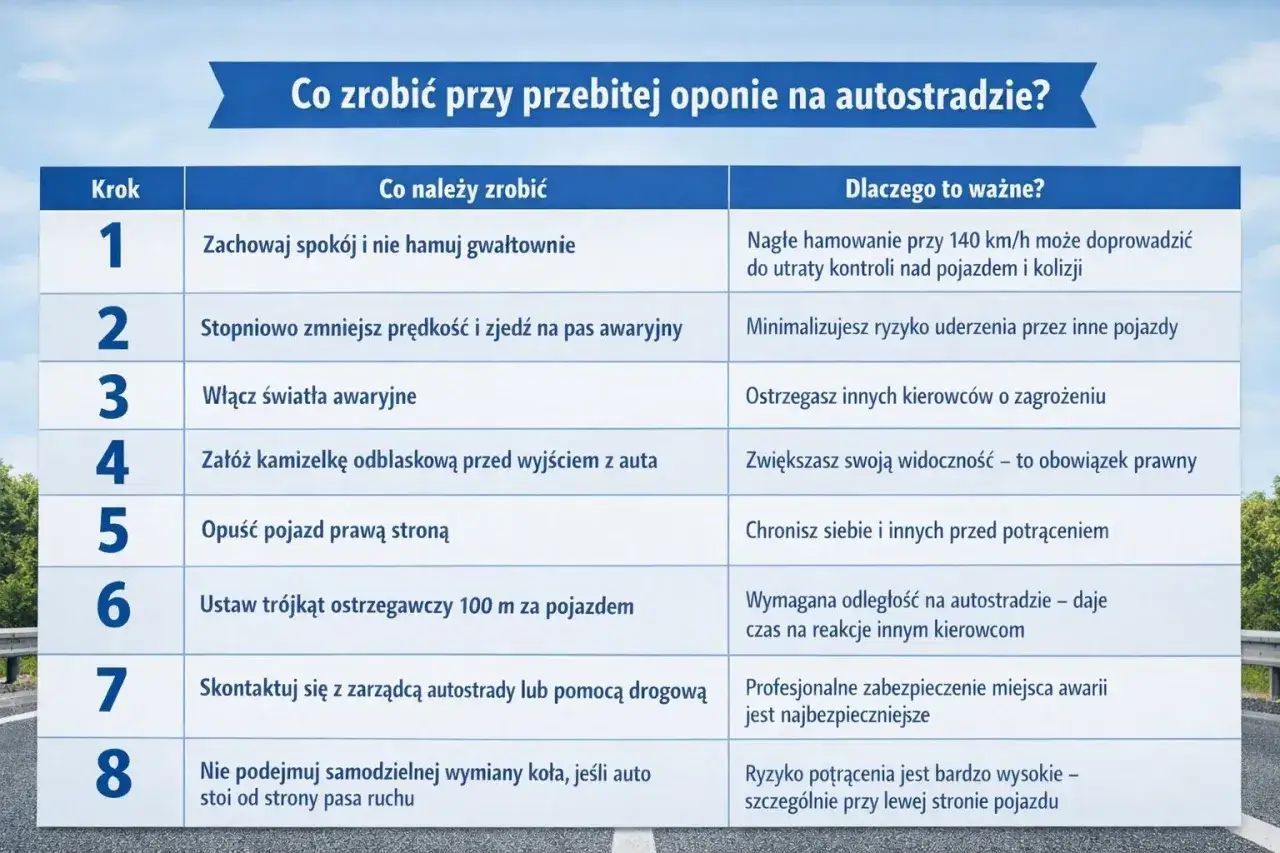 Tabela z instrukcją, co robić przy przebitej oponie na autostradzie: zachowaj spokój, zjedź na pas awaryjny, włącz światła, załóż kamizelkę, opuść pojazd prawą stroną, ustaw trójkąt, wezwij pomoc.