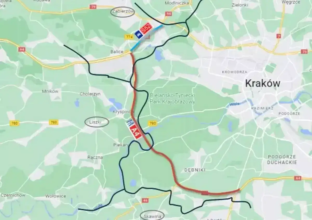 Mapa drogowa z zaznaczoną trasą S52 i A4. Planujesz podróż z Krakowa do Rzeszowa i szukasz dobrego jedzenia na trasie? Sprawdź, gdzie warto się zatrzymać!