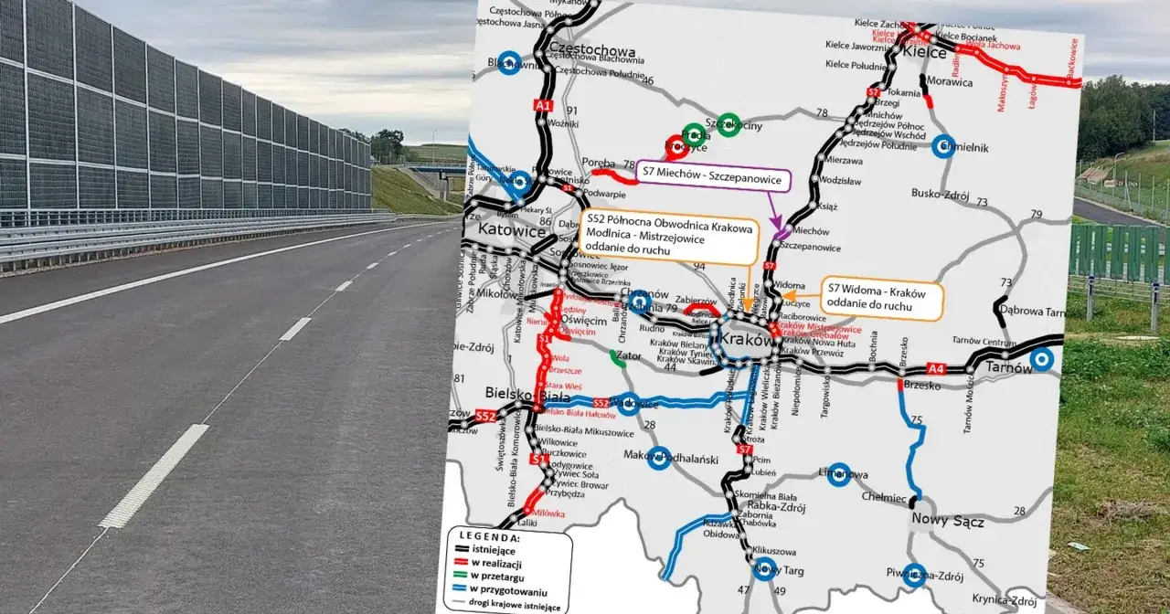 Mapa drogowa z zaznaczonymi trasami, w tym S7 Miechów - Szczepanowice i S52 Północna Obwodnica Krakowa. Planujesz podróż kraków - poznań jak najszybciej?