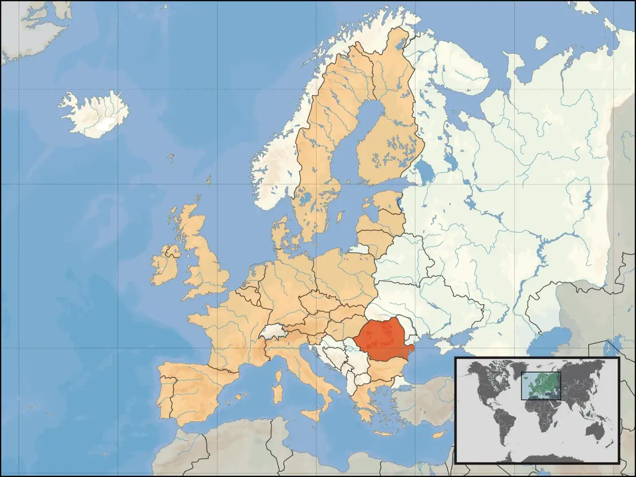 Mapa Europy z zaznaczoną Rumunią. Gdzie jest bukareszt? Właśnie tam, w tym czerwonym punkcie na mapie.