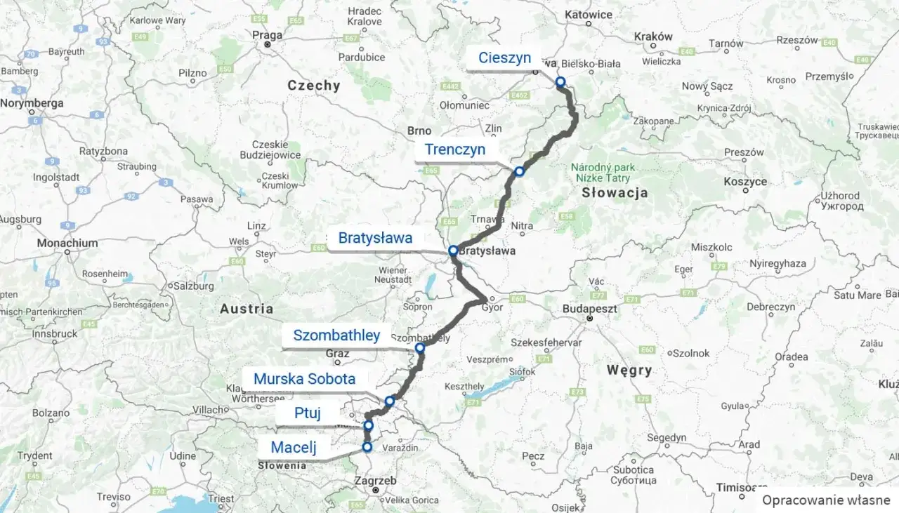 Trasa z Cieszyna przez Bratysławę, Szombathely, Ptuj do Zagrzebia. Ile kilometrów jest do Chorwacji? Mapa pokazuje drogę przez Słowację i Słowenię.
