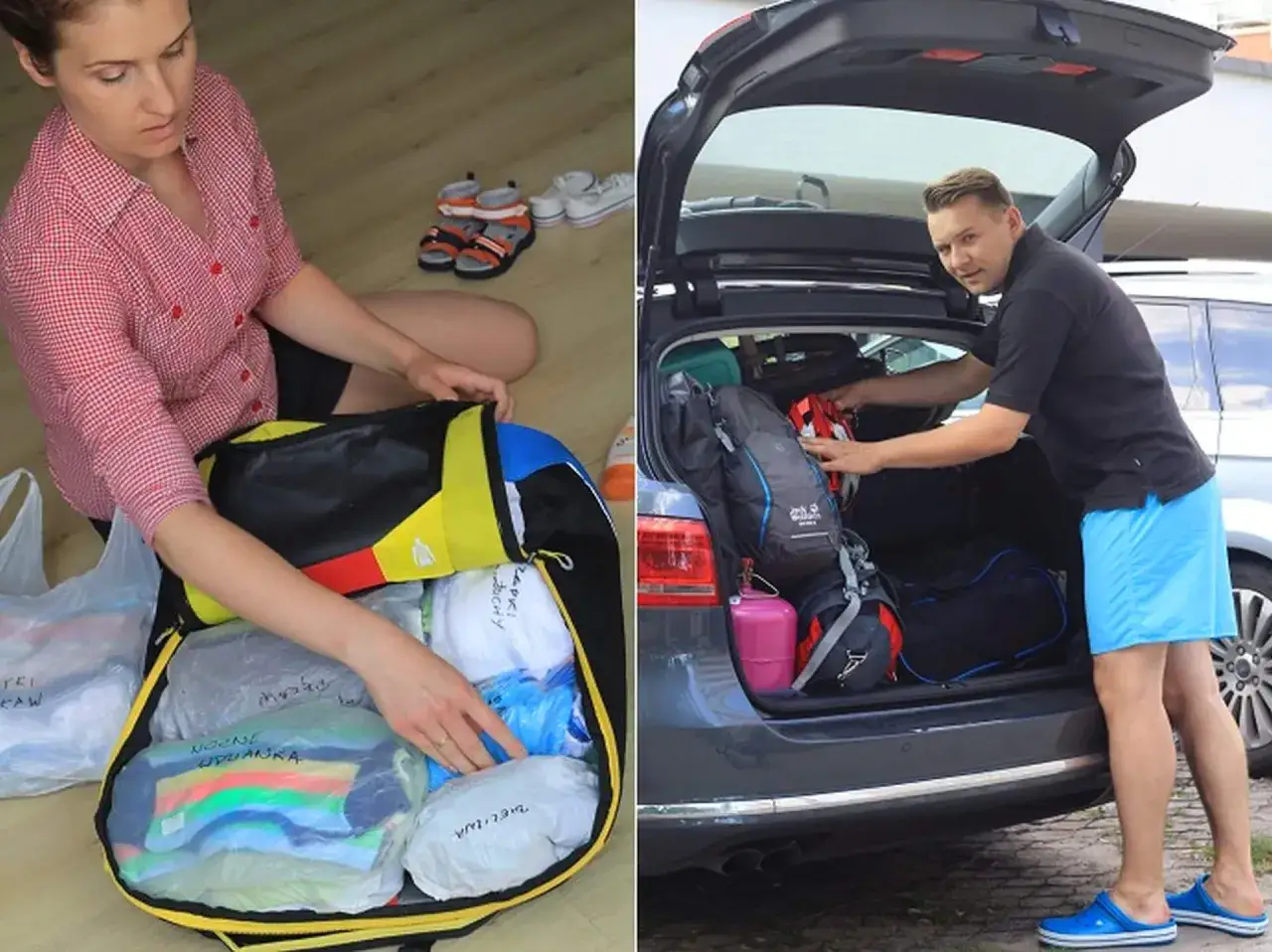 Pakowanie plecaka i bagażnika do samochodu. Widać torby z ubraniami i buty. To świetny przykład, co zabrać na kemping.