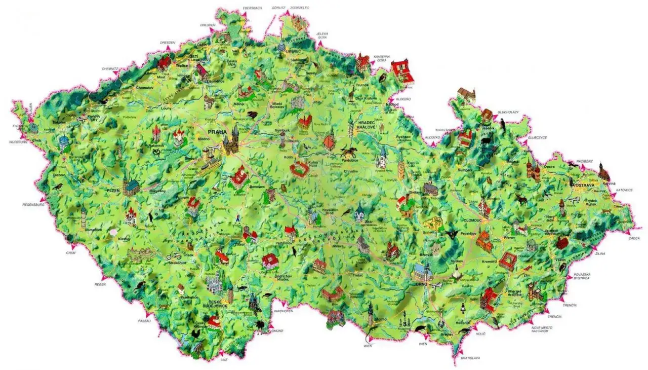 Mapa Czech z zaznaczonymi atrakcjami turystycznymi, zamkami i miastami. Odkryj Czechy!
