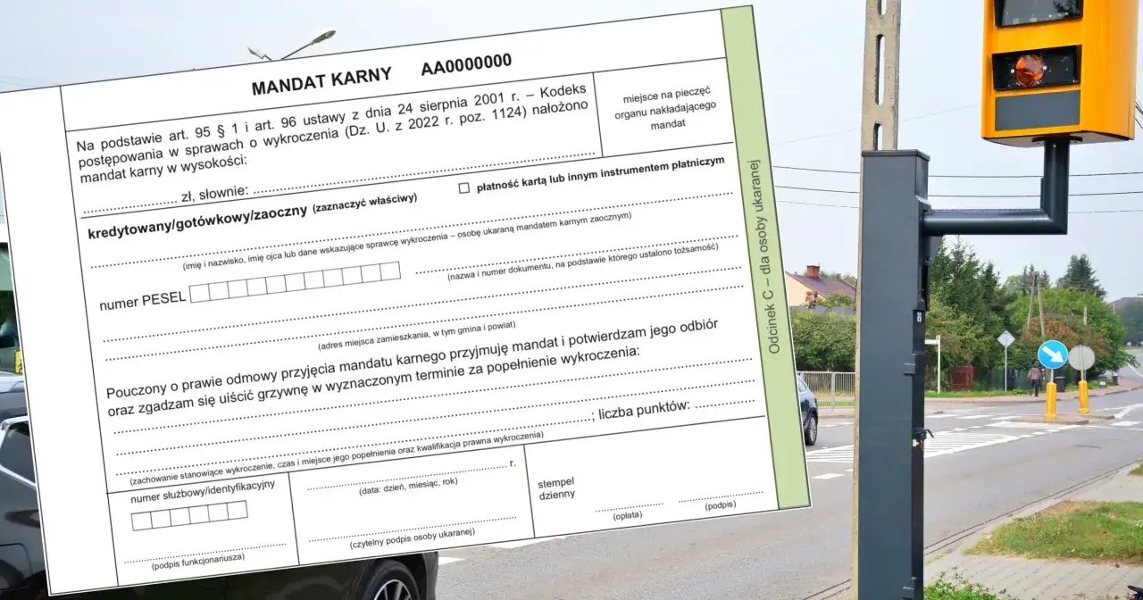 Wz&oacute;r jak wypełnić mandat z fotoradaru. Dokument zawiera dane sprawcy, kwotę, PESEL i pouczenie.