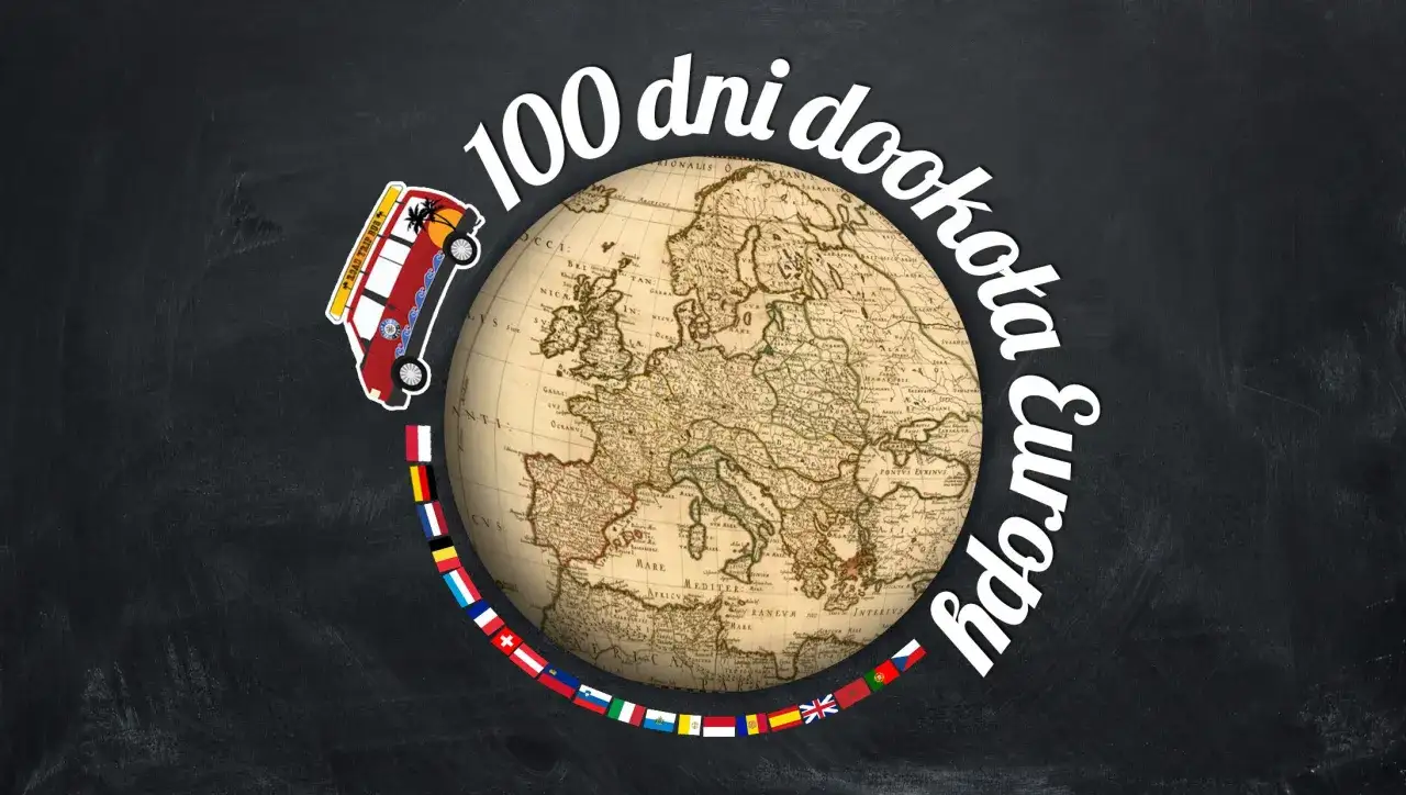 Autobus wyrusza w podróż po najpiękniejsze drogi w Europie, otoczony mapą kontynentu i flagami państw.