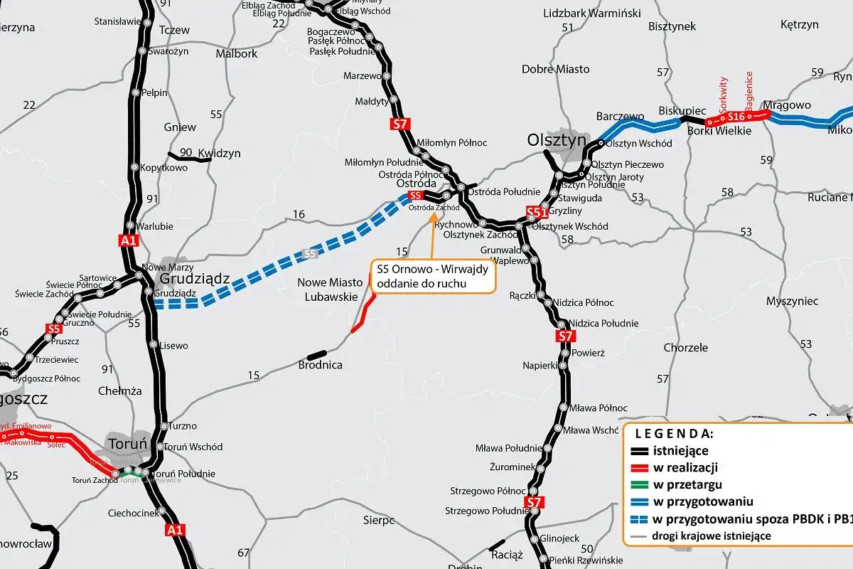 Mapa drogowa z zaznaczonymi trasami, w tym fragmentem S5 Ornowo-Wirwajdy, z widocznym Olsztynem.