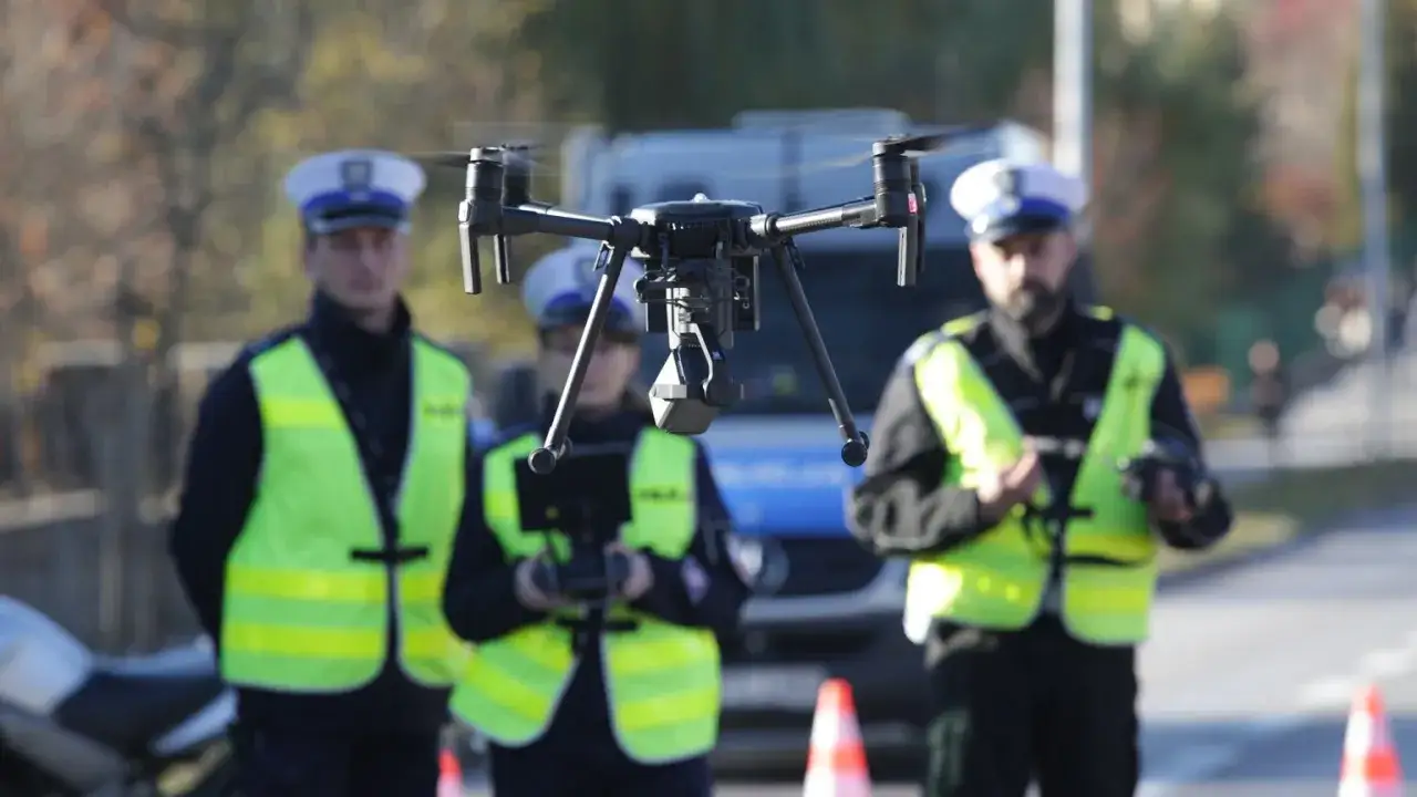 Policjanci z dronem kontrolują ruch. Zastanawiasz się, po jakim czasie przychodzi mandat z drona? Czas oczekiwania może być różny.
