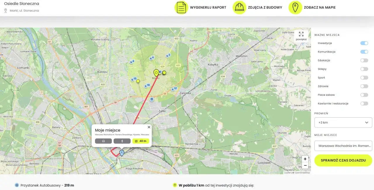 Mapa pokazuje łęczna trasa z zaznaczonymi punktami w okolicach Marek i Zielonki.
