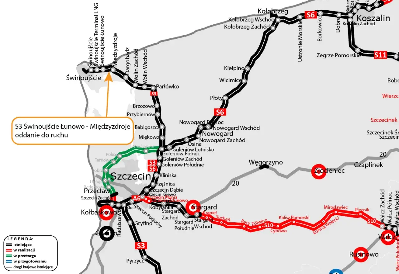 Mapa drogowa z zaznaczonym przebiegiem drogi S3 Świnoujście - Międzyzdroje. Widoczne są inne drogi ekspresowe S6, S11 oraz autostrada A6.