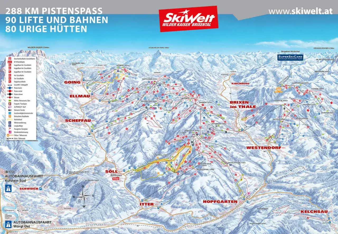 Mapa ośrodka SkiWelt Wilder Kaiser Brixental, pokazująca liczne austria stoki narciarskie, wyciągi i schroniska.