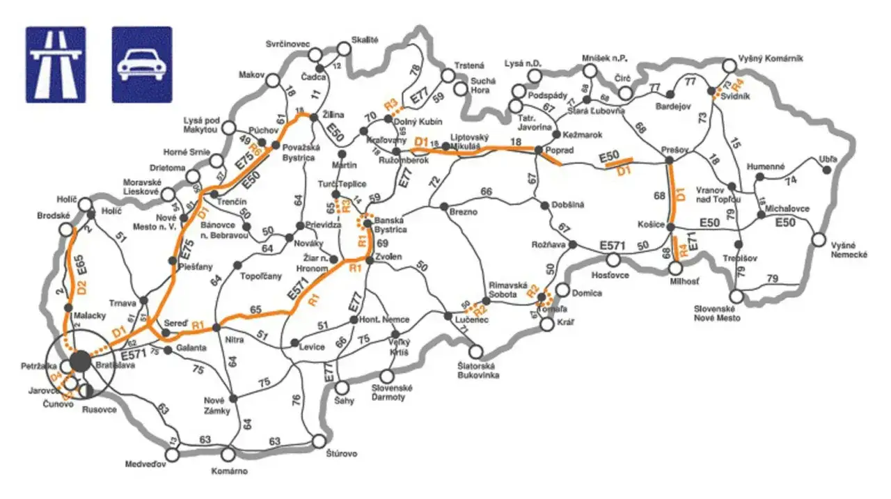 Mapa Słowacji z zaznaczonymi drogami, miastami i autostradami. Wjazd na Słowację od strony Bratysławy.