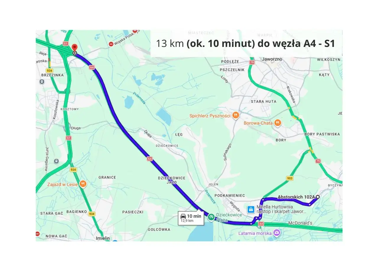 Trasa z Jaworzna do węzła A4-S1, 13 km, 10 minut. Widoczna droga S1 i A4, miejscowości Brzezinka, Dziećkowice, Podłęże.
