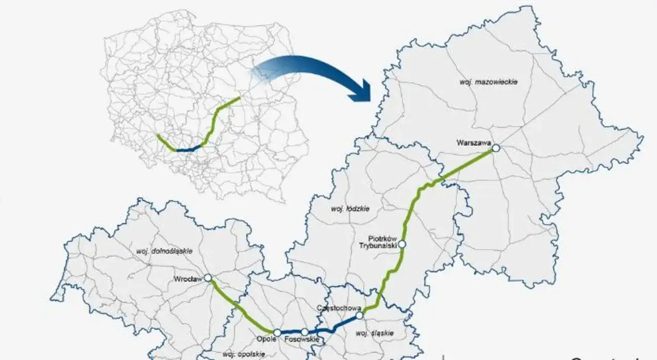 Mapa Polski z zaznaczoną trasą Warszawa-Wrocław. Zielona linia pokazuje drogę, a niebieska odcinek.