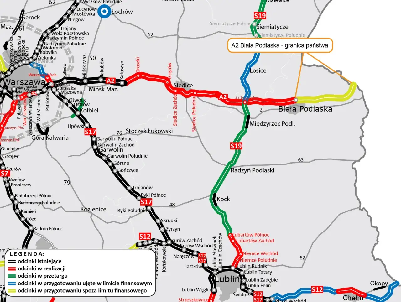 Mapa dróg z zaznaczonymi odcinkami autostrady wolności S19 i A2, prowadzącymi przez Warszawę, Siedlce, Białą Podlaską i Lublin.