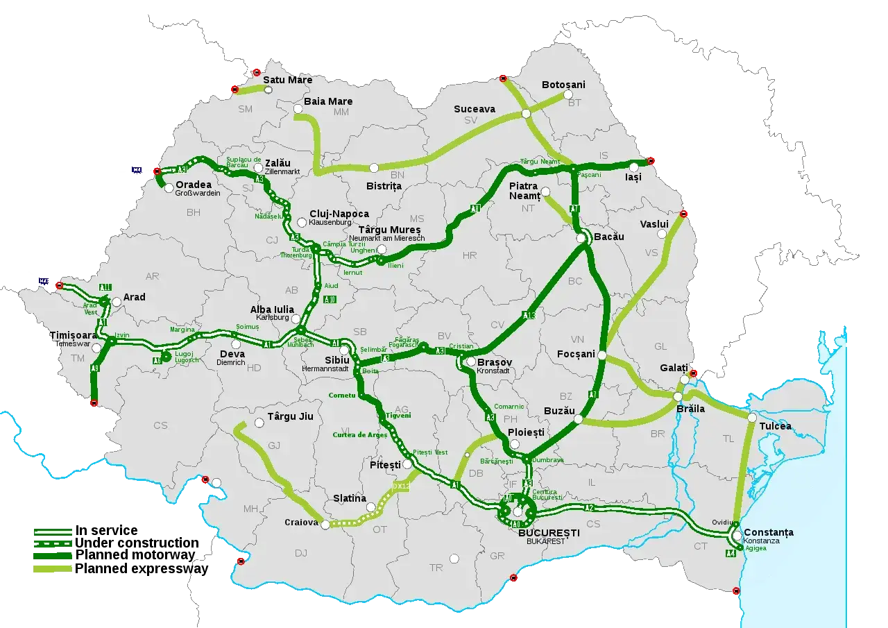 Mapa dróg w Rumunii, pokazująca główne autostrady i drogi krajowe łączące miasta takie jak Bukareszt, Kluż-Napoka i Jassy.