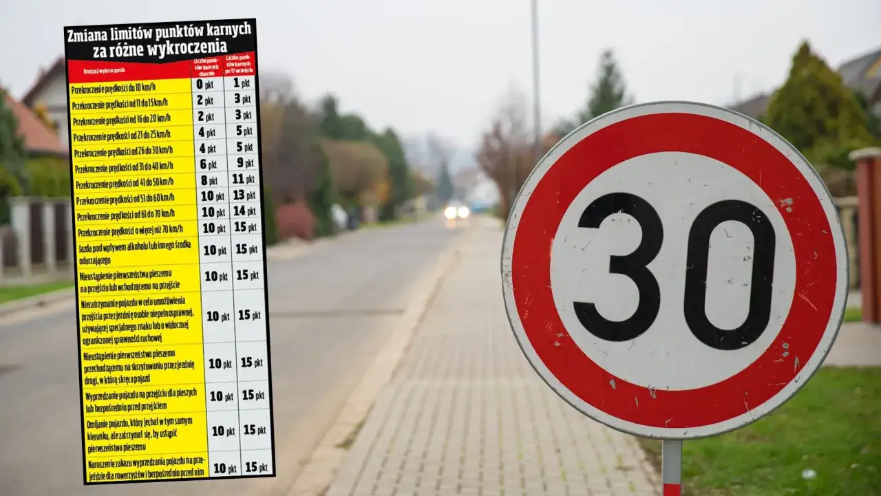 Tabela punktów karnych za wykroczenia drogowe, w tym mandat za wyprzedzanie na zakazie. Znak ograniczenia prędkości do 30 km/h.