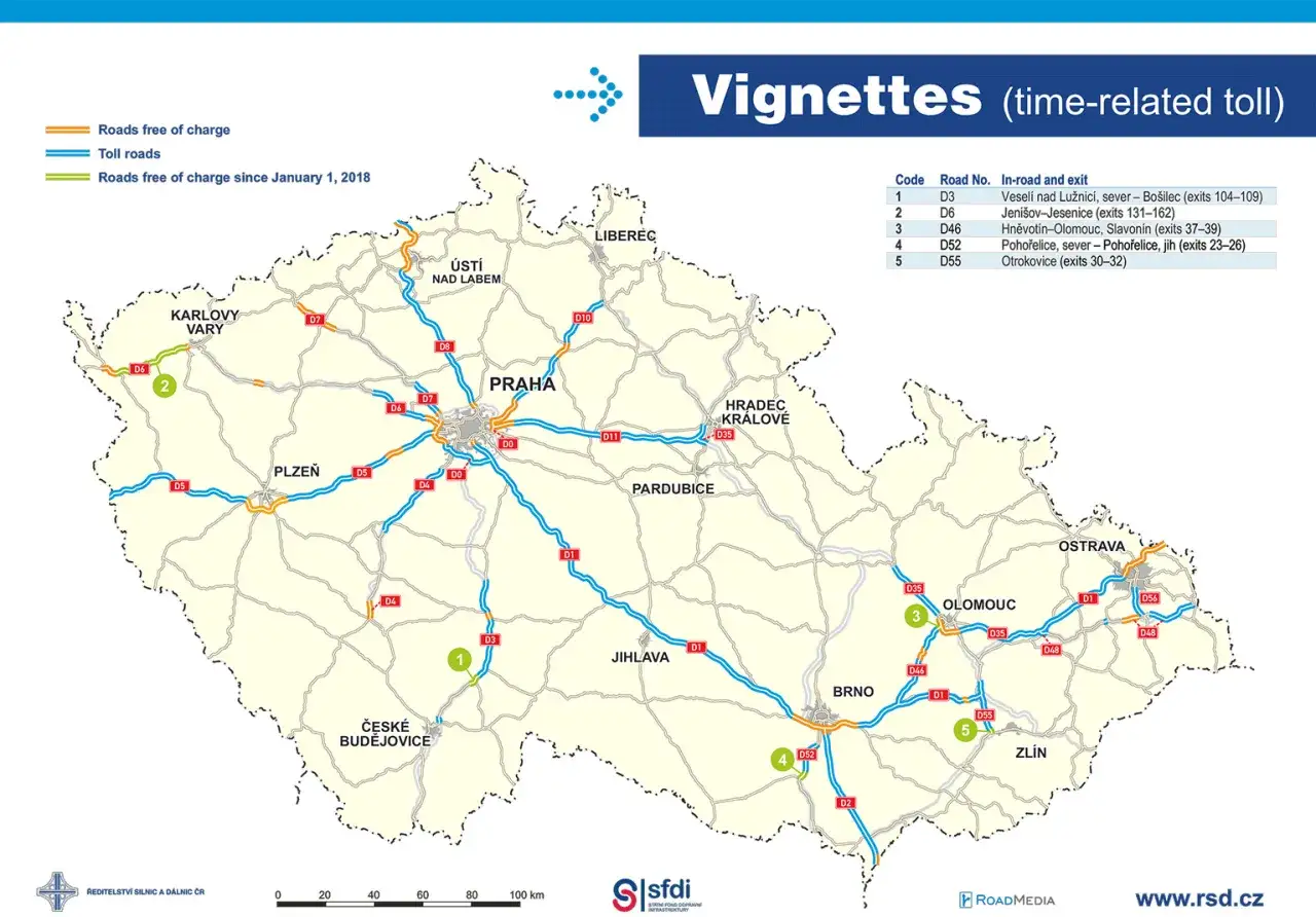 Mapa Czech z zaznaczonymi drogami płatnymi i bezpłatnymi. Unikaj mandatu za brak winiety Czechy, sprawdzając oznaczenia.