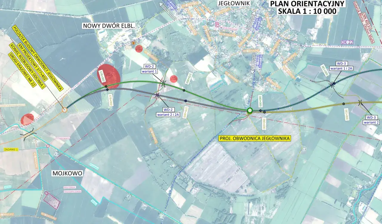 Plan obwodnicy Jegłownika, pokazujący przebieg drogi krajowej nr 22, z zaznaczonymi wariantami budowy i lokalizacją miejscowości Nowy Dwór Elbląski i Mojkowo.