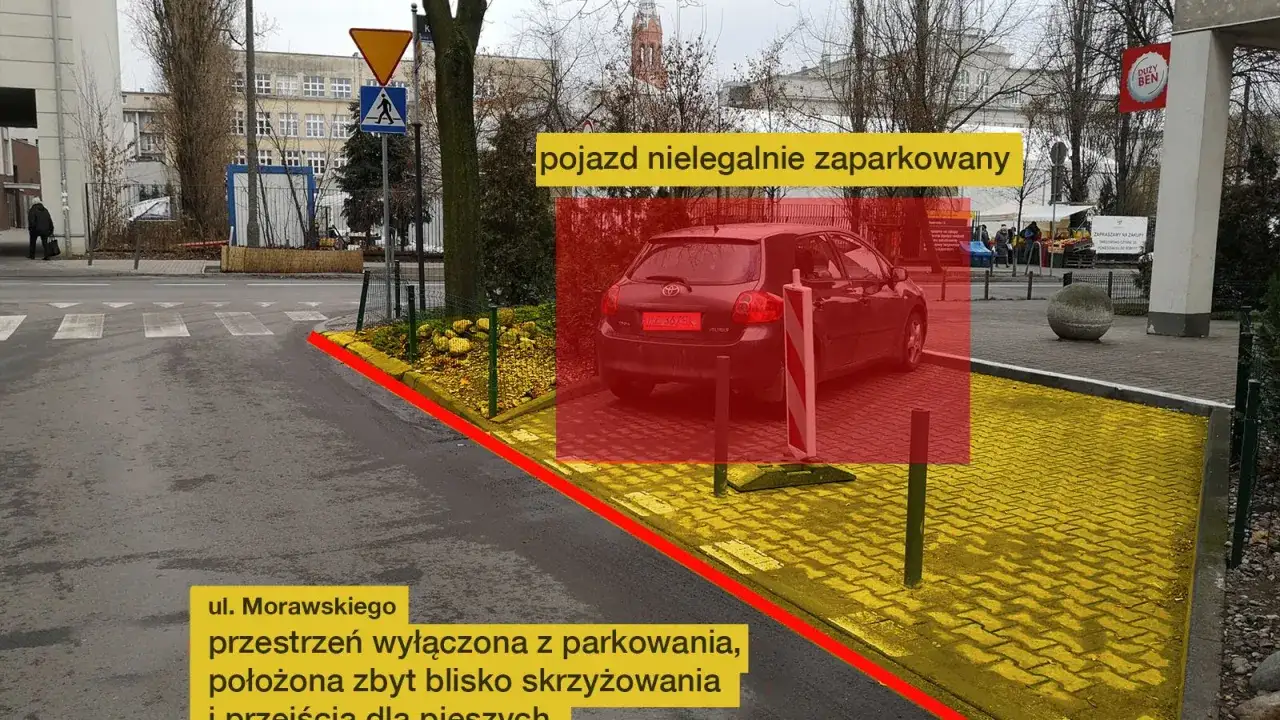Czerwony obszar pokazuje, ile metrów od przejścia można parkować. Samochód stoi na zakazanym pasie.