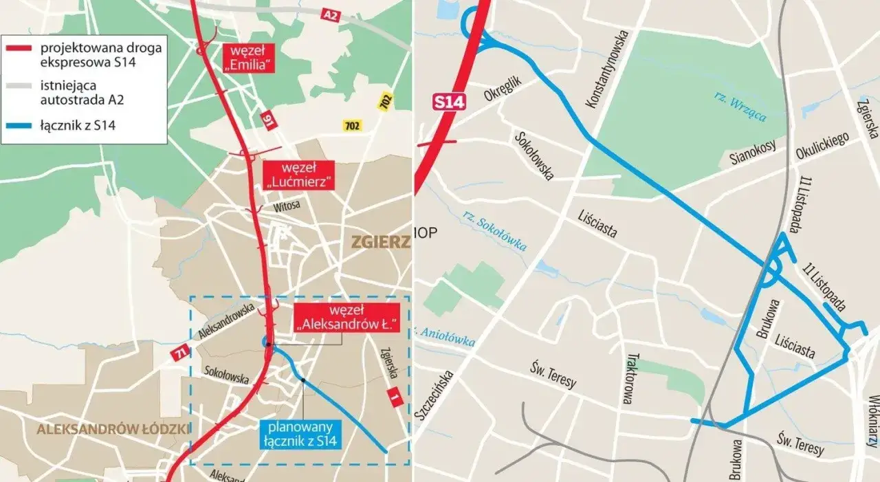 Mapa pokazuje projektowaną trasę S14 i łączniki drogowe w okolicach Konstantynowa Łódzkiego i Zgierza.