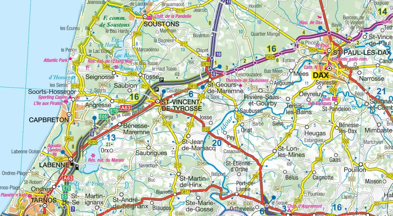 Kraina historyczna we Francji z Bordeaux, obejmująca region Landes, z zaznaczonymi miastami jak Dax i Saint-Vincent-de-Tyrosse.