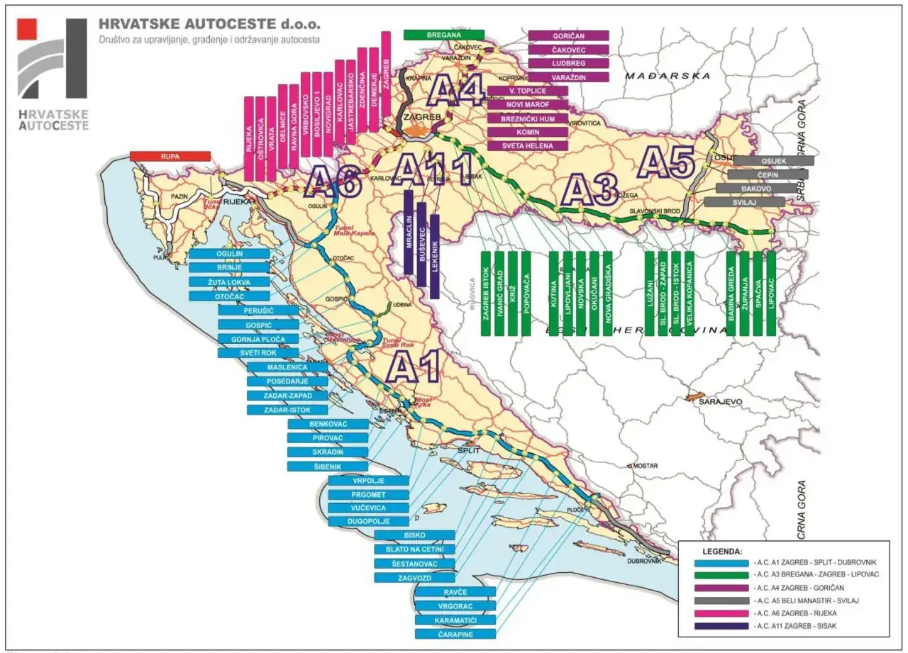Mapa pokazuje sieć autostrad w Chorwacji, z zaznaczonymi głównymi trasami jak A1 łącząca Zagrzeb ze Splitem i Dubrownikiem.