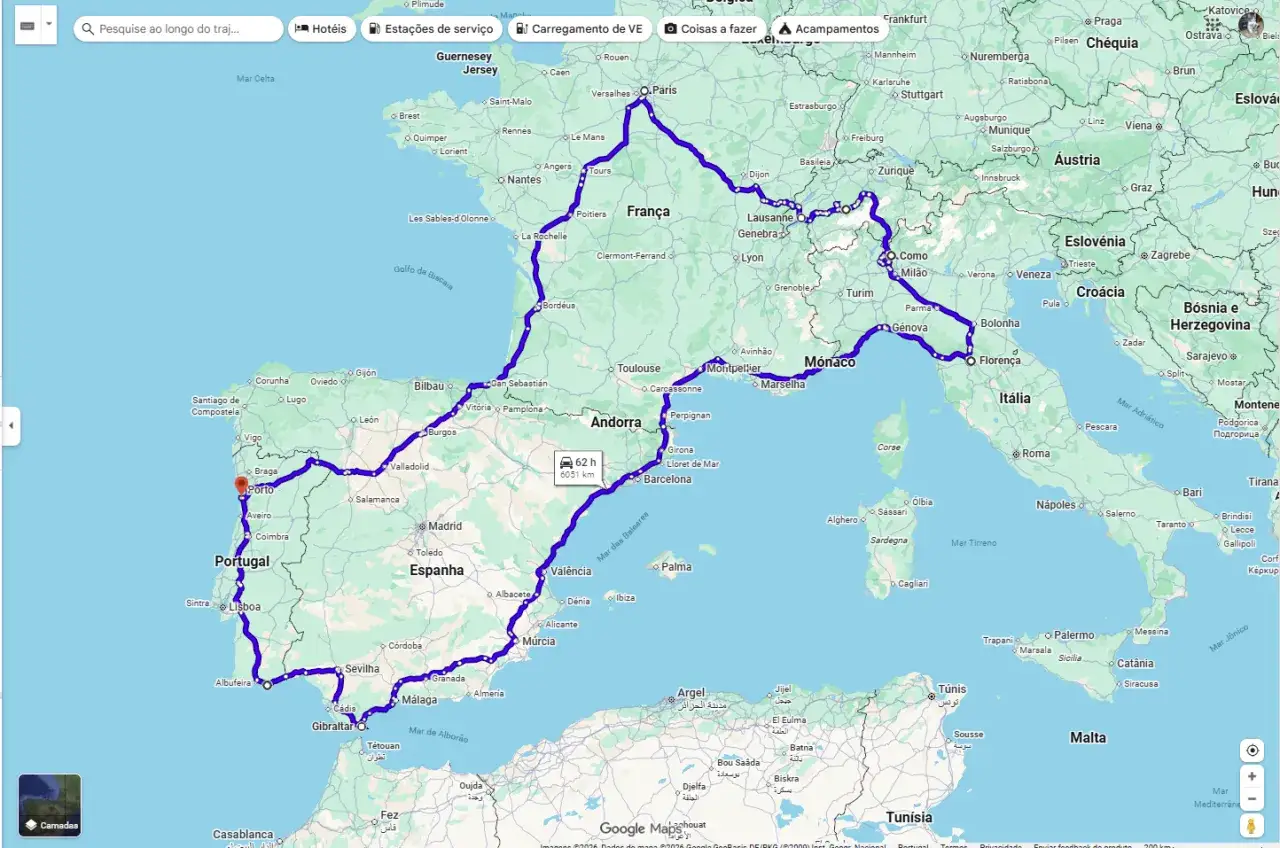 Mapa Europy z zaznaczoną trasą od Portugalii przez Hiszpanię, Francję, Monako, Włochy, aż po Słowenię. To podróż przez najpiękniejsze drogi w Europie.