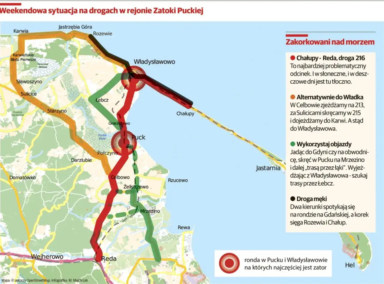 Mapa pokazuje korki nad Zatoką Pucką. Droga 216 między Chałupami a Redą jest najbardziej problematyczna. Rumia ile do morza? Sprawdź objazdy!