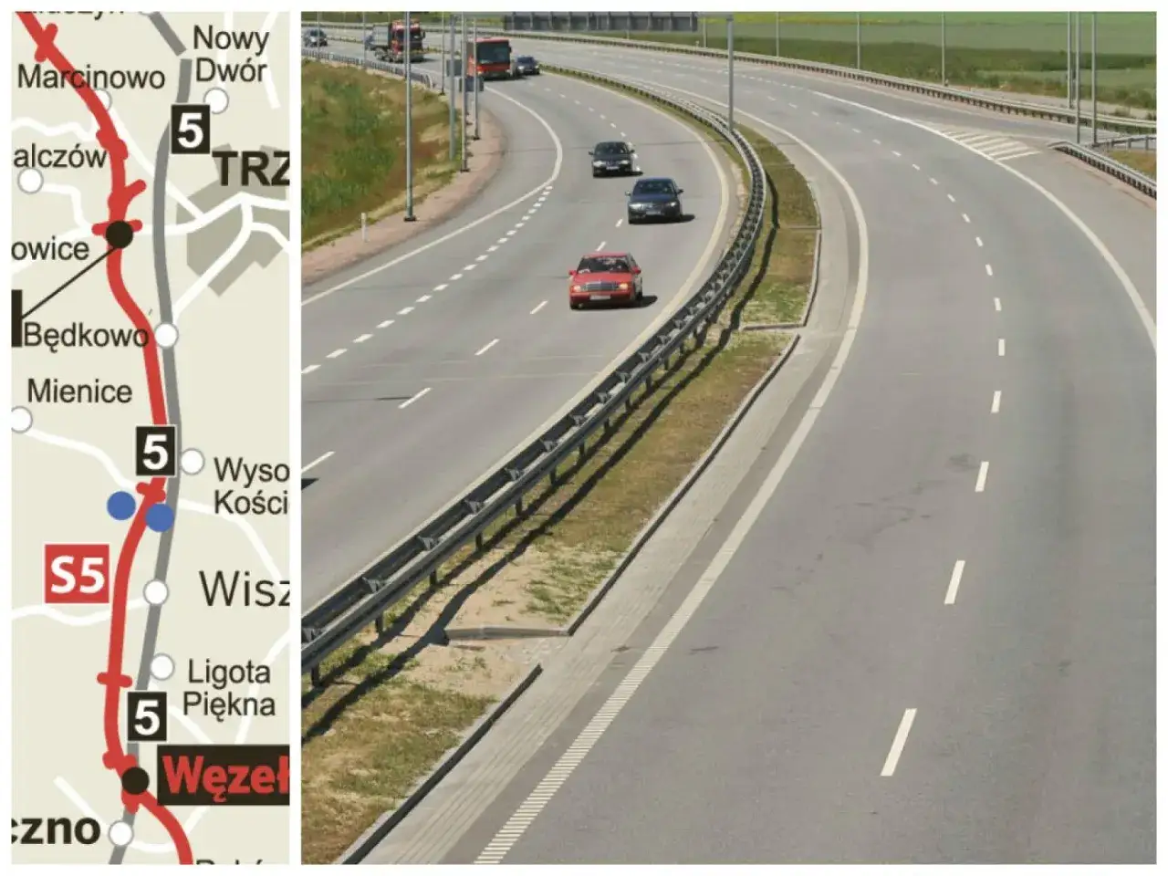 Mapa z trasą S5 i fragmentem drogi szybkiego ruchu. Widać węzeł i miejscowości takie jak Marcinowo, Będkowo, Ligota Piękna.