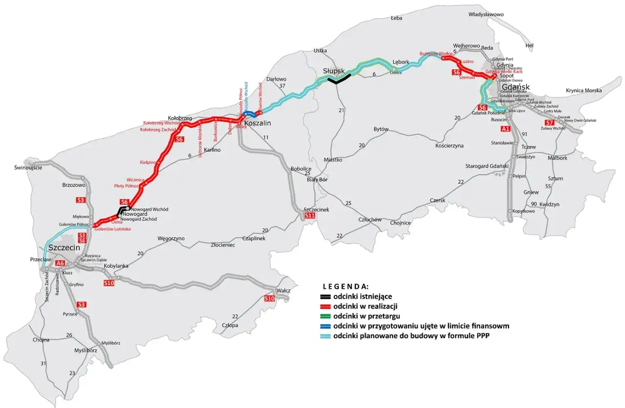 Mapa drogowa Polski, pokazująca trasę S6 łączącą Warszawę (nieujęta na mapie, ale domyślnie jako punkt docelowy) z Kołobrzegiem i dalej na zachód.