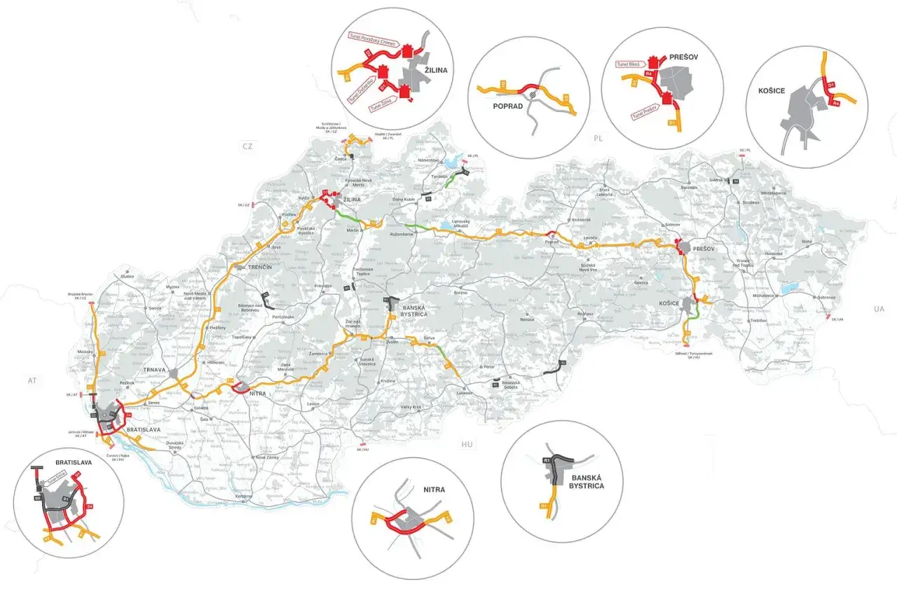 Mapa Słowacji z zaznaczonymi drogami. Unikaj mandatu za brak winiety Czechy, sprawdzając trasy.