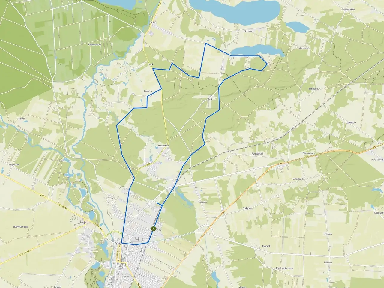 Mapa drogowa z zaznaczoną trasą wokół Gostynina, prowadzącą przez tereny leśne i pola, z widocznymi jeziorami i wsiami.