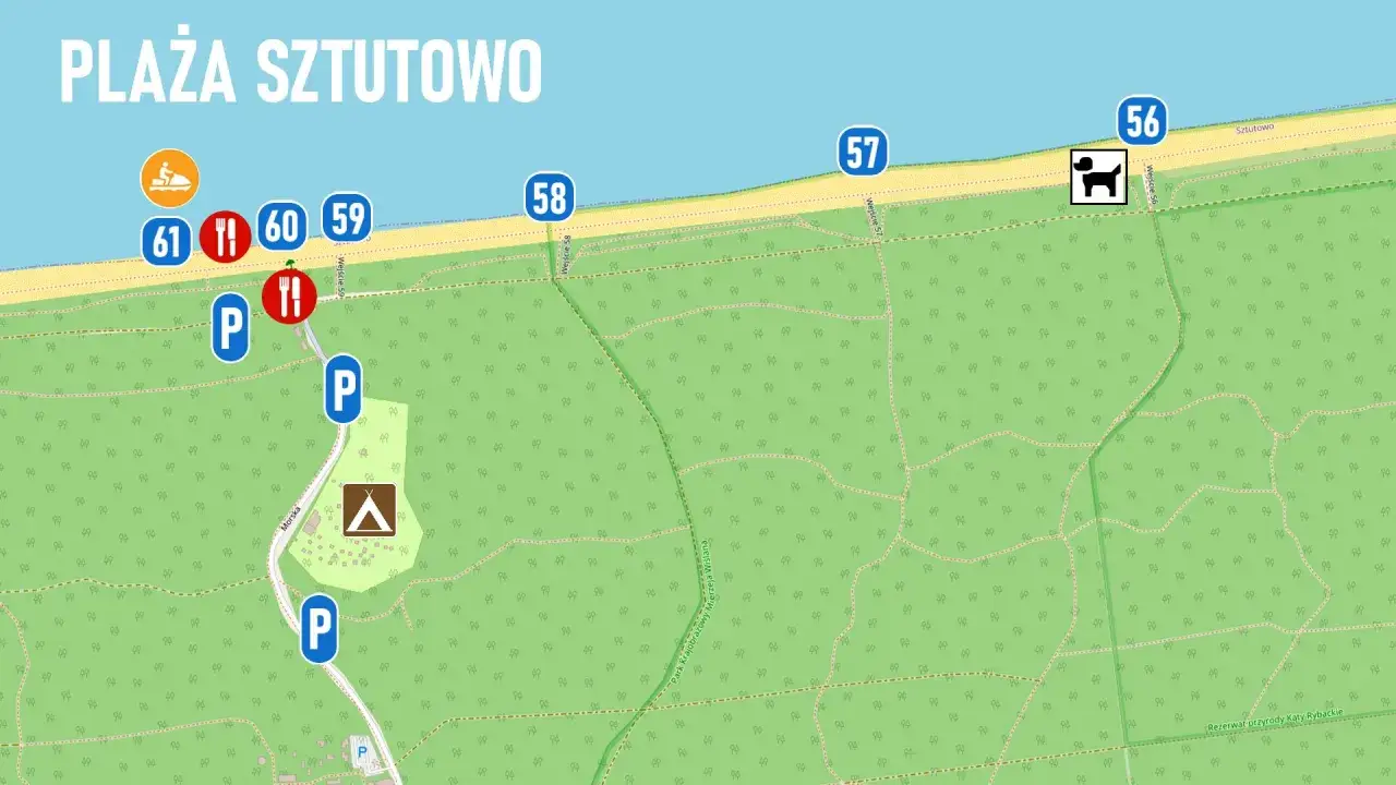 Mapa plaży Sztutowo z zaznaczonymi wejściami (56-61), parkingami (P), restauracjami (czerwone widelce) i polem namiotowym. Sztutowo trasa jest dobrze oznaczona.