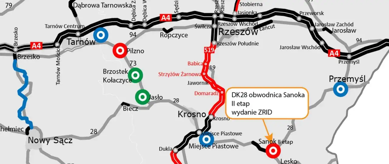 Mapa drogowa z zaznaczoną trasą S19 i DK28 obwodnicą Sanoka. Widoczne miasta: Tarnów, Rzeszów, Krosno, Sanok, Przemyśl.