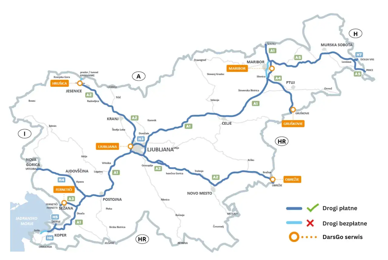 Mapa autostrad w Europie, pokazująca drogi płatne (niebieskie linie) i bezpłatne (jasnoniebieskie linie), z zaznaczonymi miastami i serwisami DarsGo (pomarańczowe kółka).