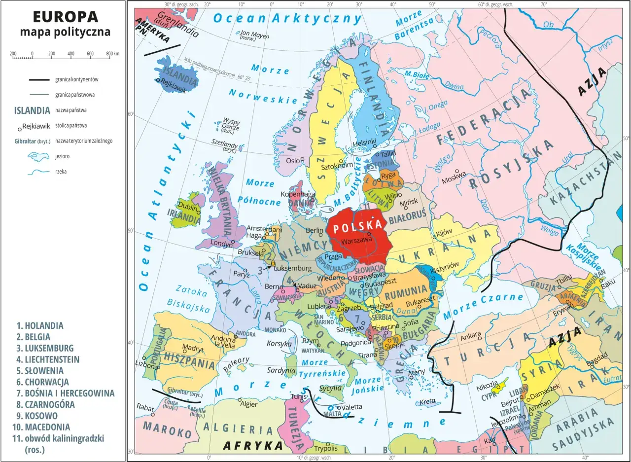 Polityczna mapa Europy z zaznaczoną Polską, stolicą Warszawą i sąsiednimi krajami.