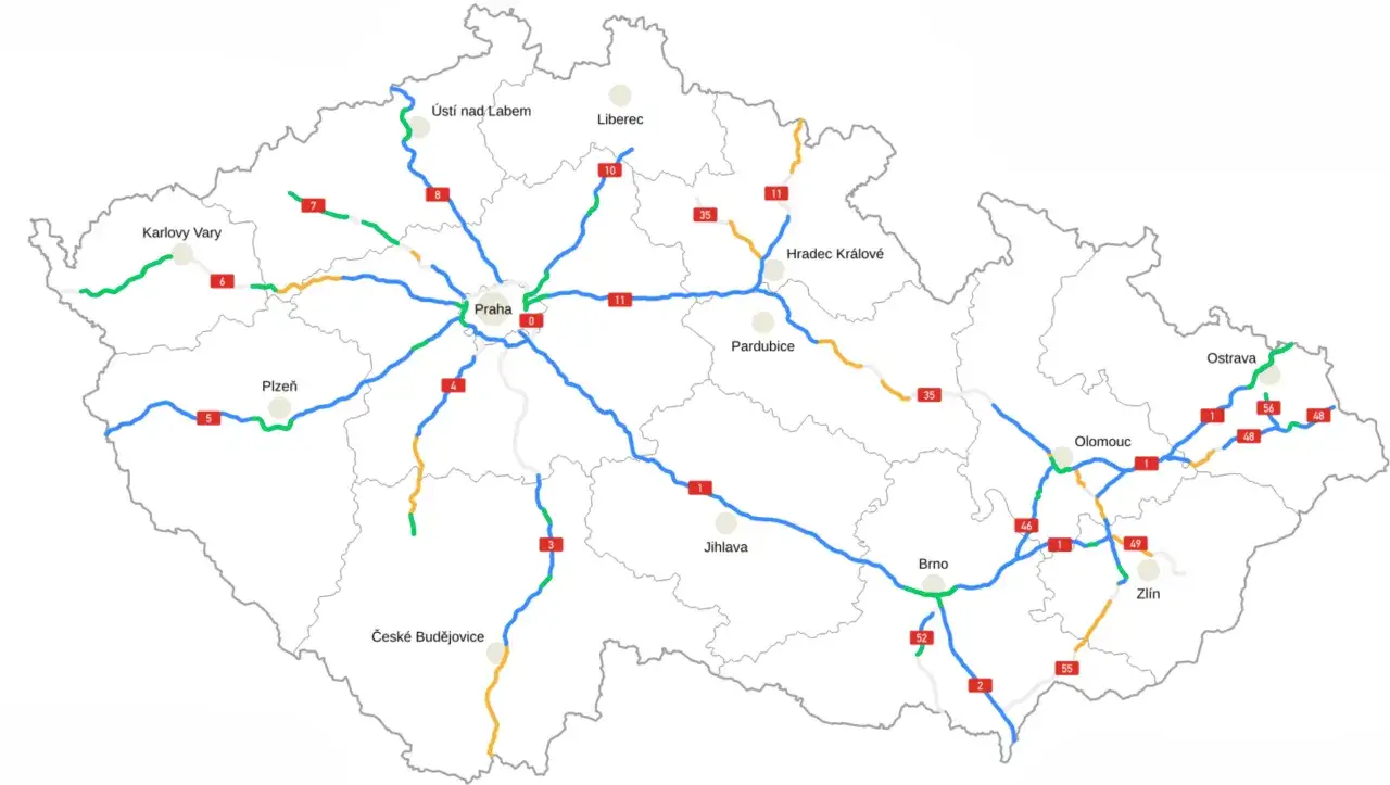Mapa autostrad w Europie, pokazująca główne drogi w Czechach z zaznaczonymi miastami jak Praga, Brno, Ostrava.