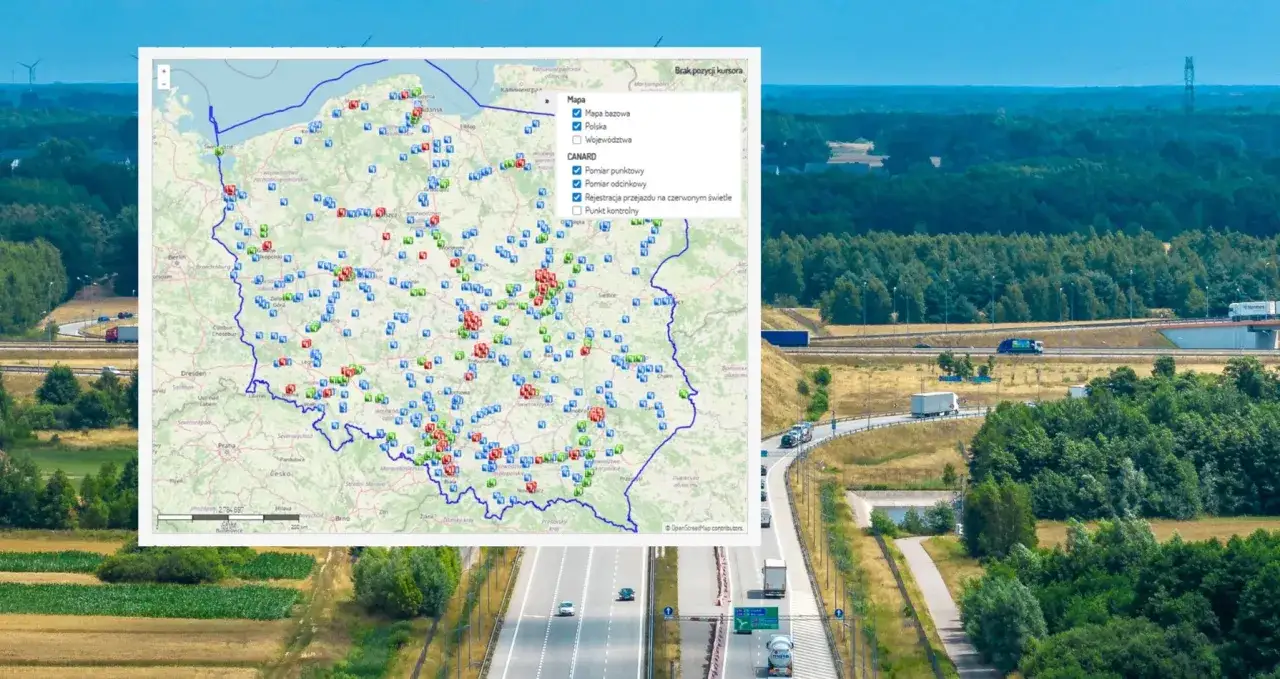 Mapa Polski z zaznaczonymi punktami CANARD. Widać wiele lokalizacji fotoradarów na światłach, które monitorują ruch drogowy.