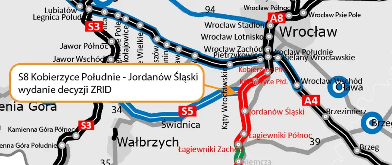 Mapa drogowa z zaznaczoną trasą S8 Kobierzyce Południe - Jordanów Śląski, w pobliżu Wrocławia.